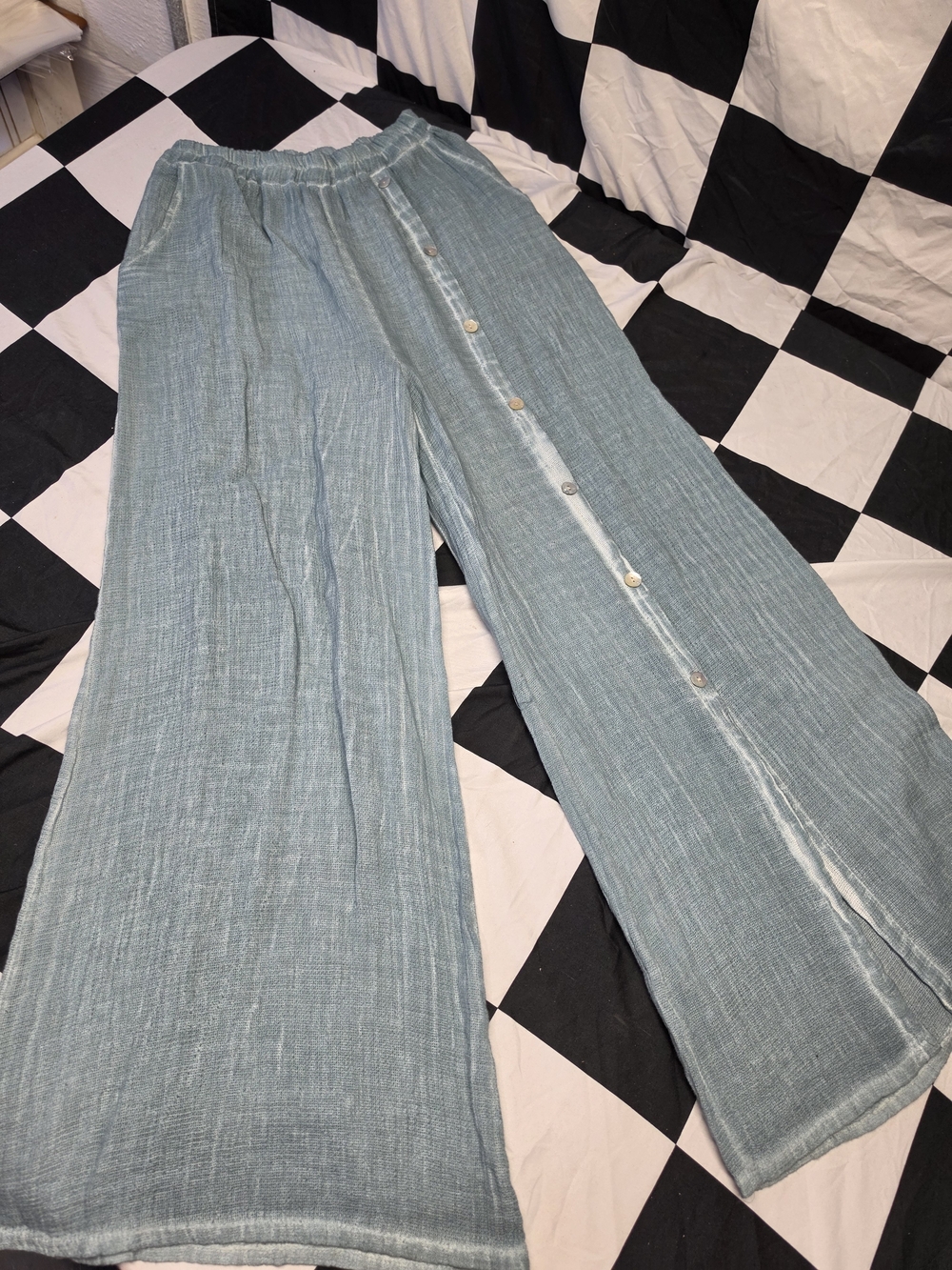 Wide-Leg Button-Front Pants in Light Teal